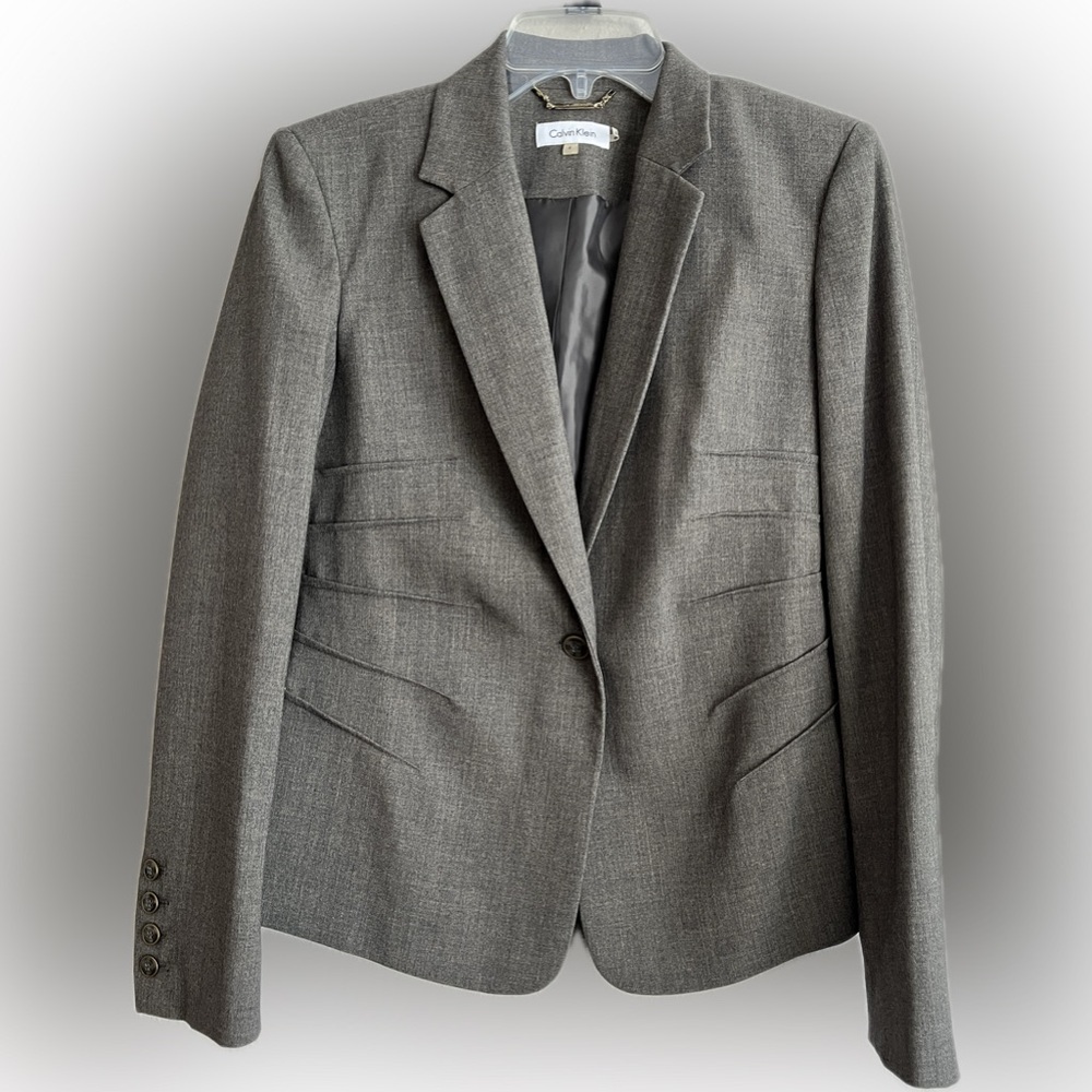 Calvin Klein Women’s Blazer, Notch Lapel, Single Button, Stitch Detail, Grey, 4